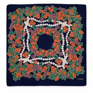 Vintage CHANEL Silk Scarf Floral Gripoix Pearl Jewelry Print Navy Blue 34" Paris